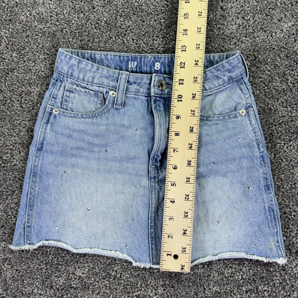 Gap Skirt Girls 8 Blue Denim Studded Mini Raw Hem Adjustable Waist Summer Casual